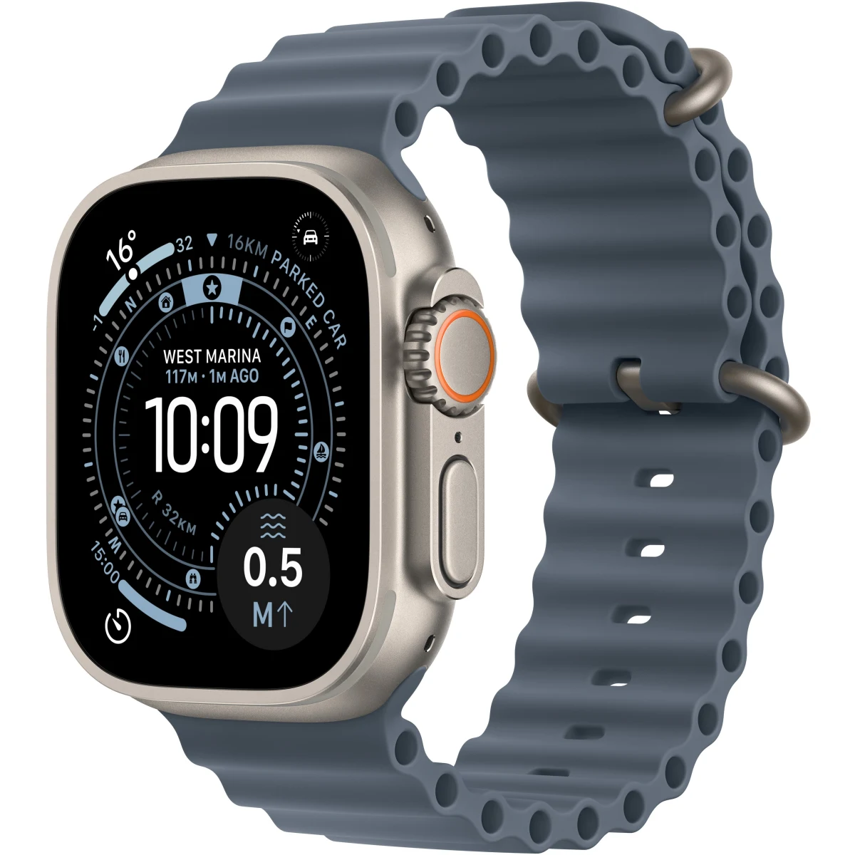 Apple Watch Ultra 3 49 mm Natural Titanium mit Ocean Blue Stahlarmband · záber 1