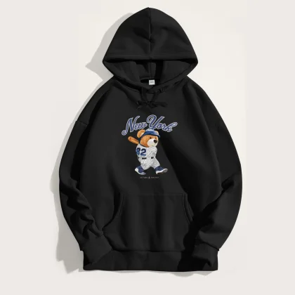 Mikina s Kapucí, Barva Černá, s Potiskem Baseball Teddy