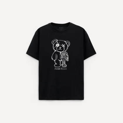 Oversized Tričko, Barva Černá, s Potiskem Cyber Teddy