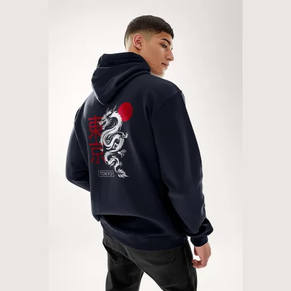 Mikina s Kapucí na Zip, Barva Šedá, s Potiskem Tokyo Rising Dragon