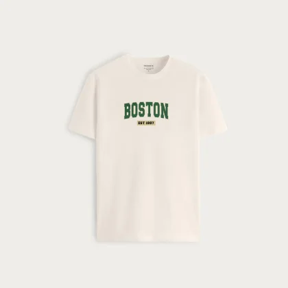 Tričko, Barva Ekru, s Potiskem Boston Vintage