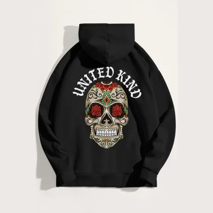 Mikina s Kapucí, Barva Černá, s Potiskem Hustle Skull
