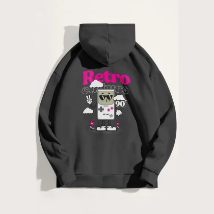 Mikina s Kapucí, Barva Železitě Šedá, s Potiskem 90s Retro Culture