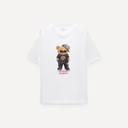 Oversized Tričko, Barva Bílá, s Potiskem Original Gangster Teddy