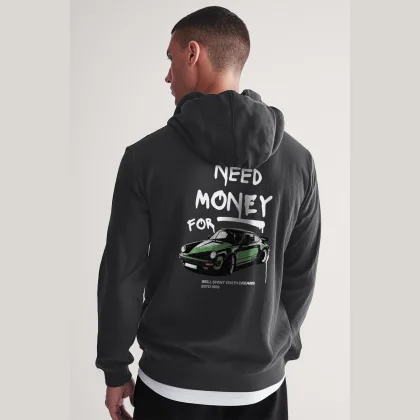 Mikina s Kapucí na Zip, Barva Železitě Šedá, s Potiskem Need Money For
