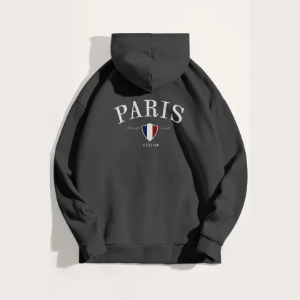Mikina s Kapucí, Barva Železitě Šedá, s Potiskem Paris XXXIII Bold