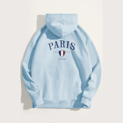 Mikina s Kapucí, Barva Nebesky Modrá , s Potiskem Paris XXXIII Bold