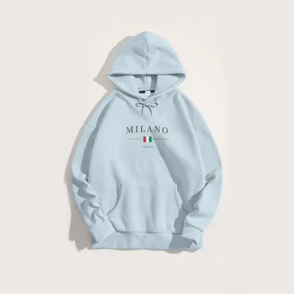 Mikina s Kapucí, Barva Nebesky Modrá , s Potiskem Milano Italia