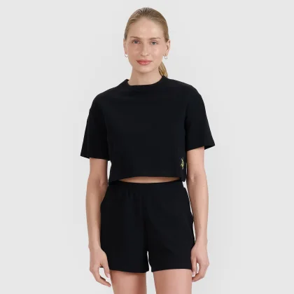 Dámské tričko crop top z vaflové pleteniny - černé