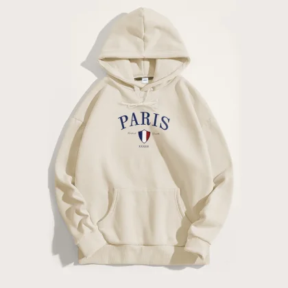 Mikina s Kapucí, Barva Ekru, s Potiskem Paris XXXIII