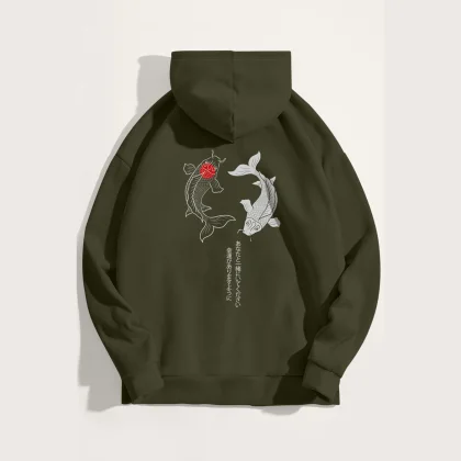Mikina s Kapucí, Barva Khaki, s Potiskem Yin Yang Koi Fish