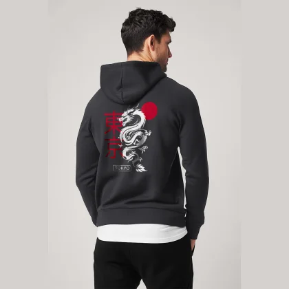Mikina s Kapucí na Zip, Barva Železitě Šedá, s Potiskem Tokyo Rising Dragon