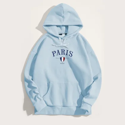 Mikina s Kapucí, Barva Nebesky Modrá , s Potiskem Paris XXXIII