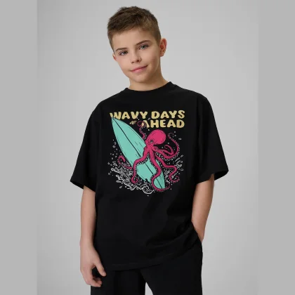 4F T-shirt loose s potiskem chlapecký - černý 122/128 (6-8 let)