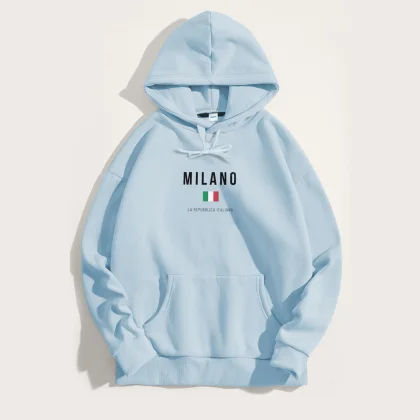 Mikina s Kapucí, Barva Nebesky Modrá , s Potiskem Milano La Repubblica