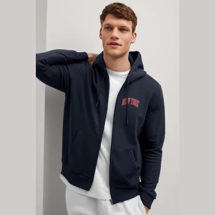 Mikina s Kapucí na Zip, Barva Modrá, s Potiskem New York Red
