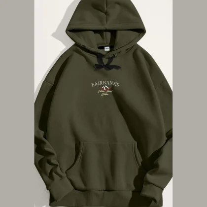 Mikina s Kapucí, Barva Khaki, s Potiskem Fairbanks Alaska