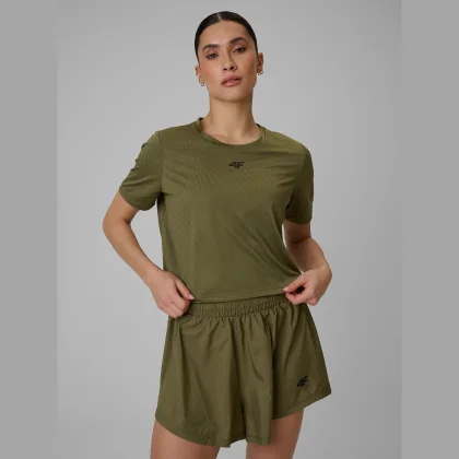 4F Crop top tréninkový slim rychleschnoucí dámský - olivový XS