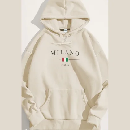 Mikina s Kapucí, Barva Ekru, s Potiskem Milano Italia