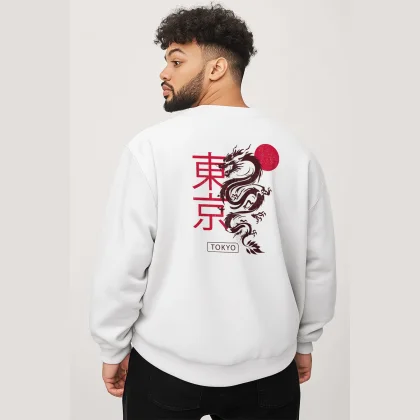 Mikina, Barva Bílá, s Potiskem Tokyo Rising Dragon