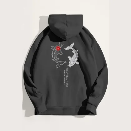 Mikina s Kapucí, Barva Železitě Šedá, s Potiskem Yin Yang Koi Fish