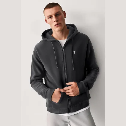 Mikina s Kapucí na Zip, Barva Železitě Šedá, s Potiskem Golf Swing Logo