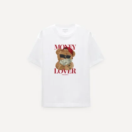 Oversized Tričko, Barva Bílá, s Potiskem Money Lover Teddy
