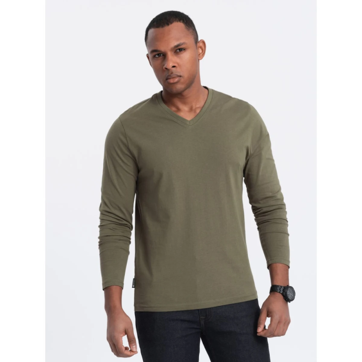Pánské tričko s dlouhým rukávem OMBRE Longsleeve OM-LSBL-0108 V-2 dark olive · záber 2