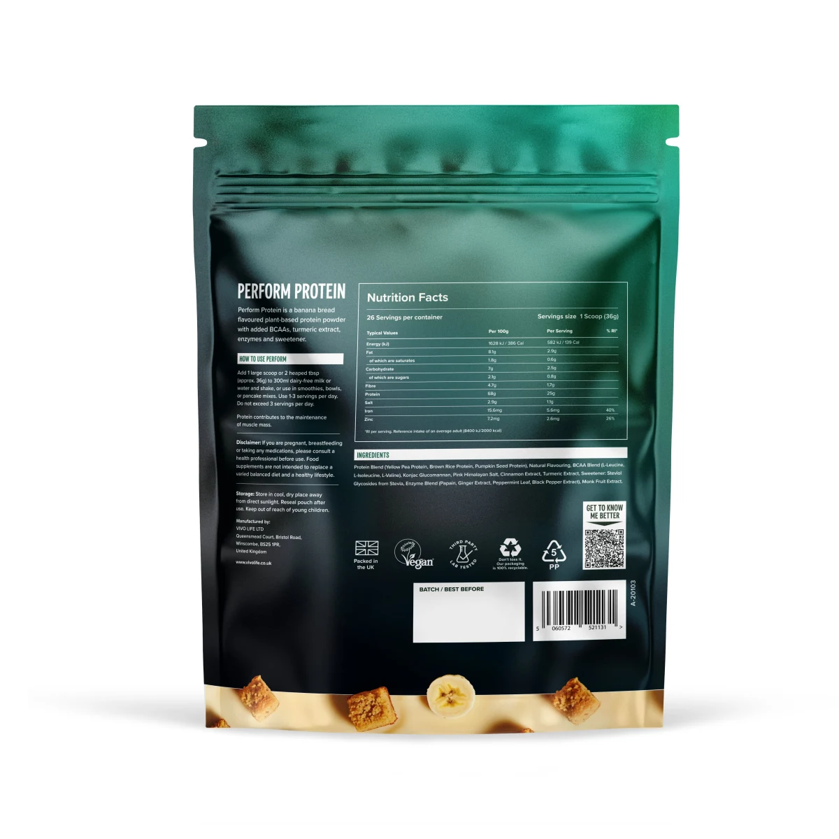 Vivo Life NEW PERFORM Banana Bread - RAW VEGAN PROTEIN & BCAA (988 g) · záber 2
