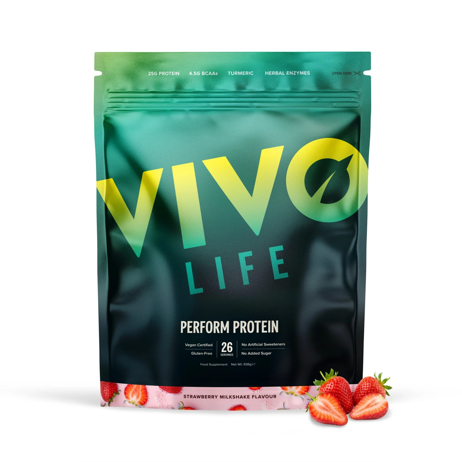 Vivo Life NEW PERFORM Jahodový Milkshake - RAW VEGAN PROTEIN & BCAA (936) g) · záber 1