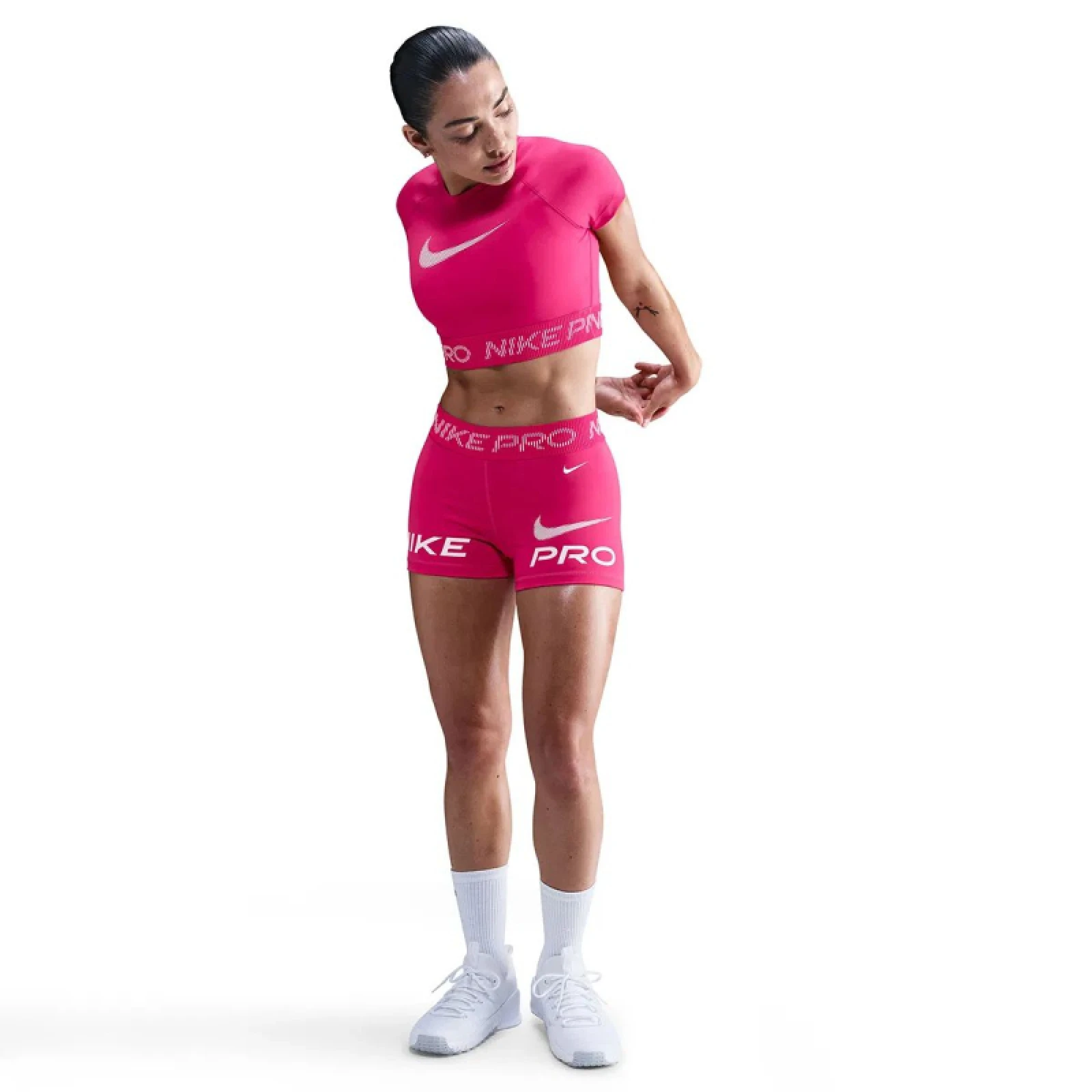 Dámské tréninkové tričko s krátkým rukávem NIKE PRO W NP DF SS TOP TT GRX RUSH PINK PINK FOAM WHITE - Barva: biela · záber 5