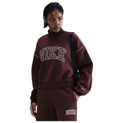 Női bélelt kapucnis pulóver NIKE W NSW PHNX FLC LOGO MOCK NECK BURGUNDY CRUSH