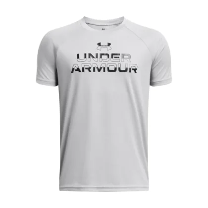 Fiú edzőpóló rövid ujjú UNDER ARMOUR UA Tech Split Wordmark SS-GRY