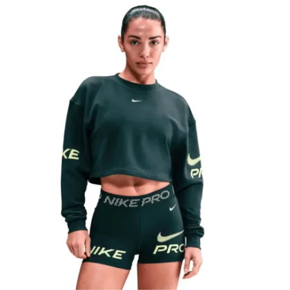Női kapucnis pulóver NIKE PRO W NP DF FLC CREW TT GRX SEAWEED LT LEMON TWIST WHITE