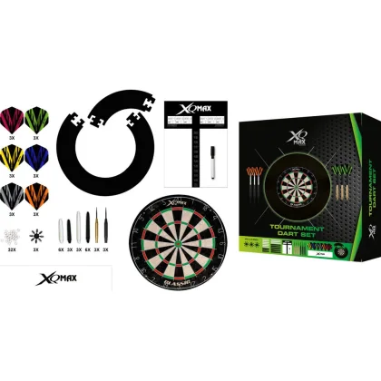 XQMAX komplett dart csomag Tournament black (tábla, fekete falvédő, felírótábla + kellékek)