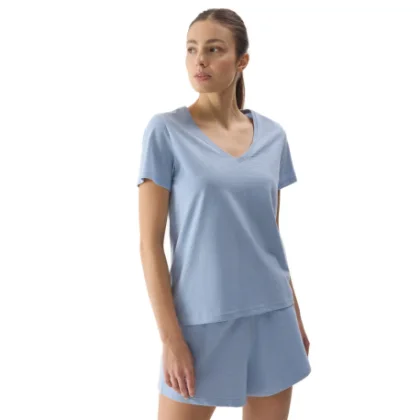 Női rövid ujjú V-nyakú póló 4F TSHIRT-WSS24TTSHF1162-34S-LIGHT BLUE