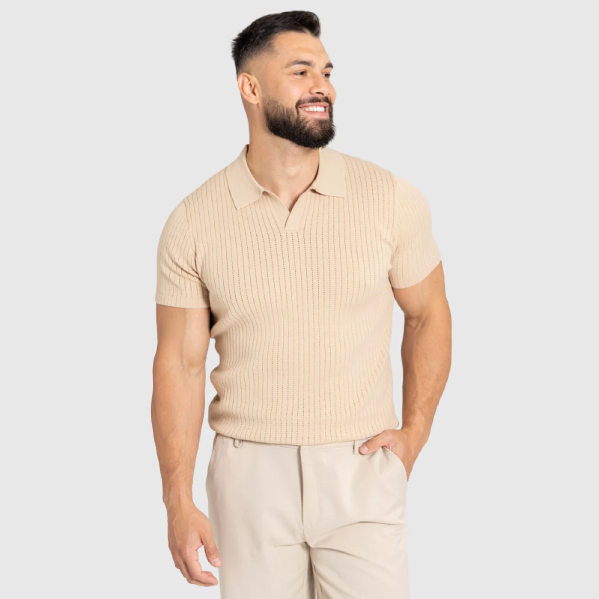 Férfi póló Iron Aesthetics Polo Knit, bézs · záber 2
