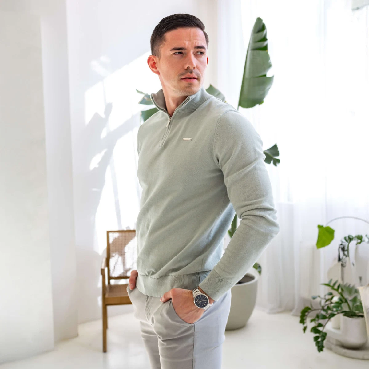Kötött pulóver cipzárral Iron Aesthetics Tomas, sage zöld · záber 1