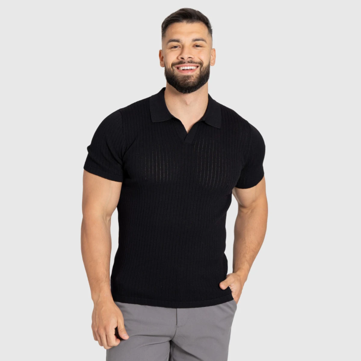 Férfi póló Iron Aesthetics Polo Knit, fekete · záber 5