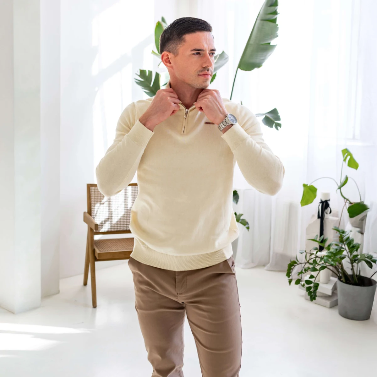 Kötött pulóver cipzárral Iron Aesthetics Tomas, bézs · záber 5