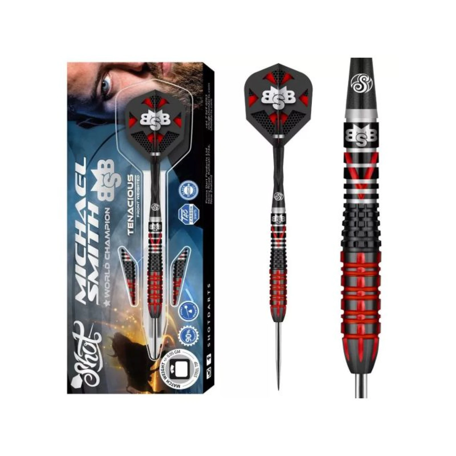 DARTS SZETT STEEL SHOT MICHAEL SMITH TENACIOUS 24G, 90% WOLFRAM gravírozott · záber 2