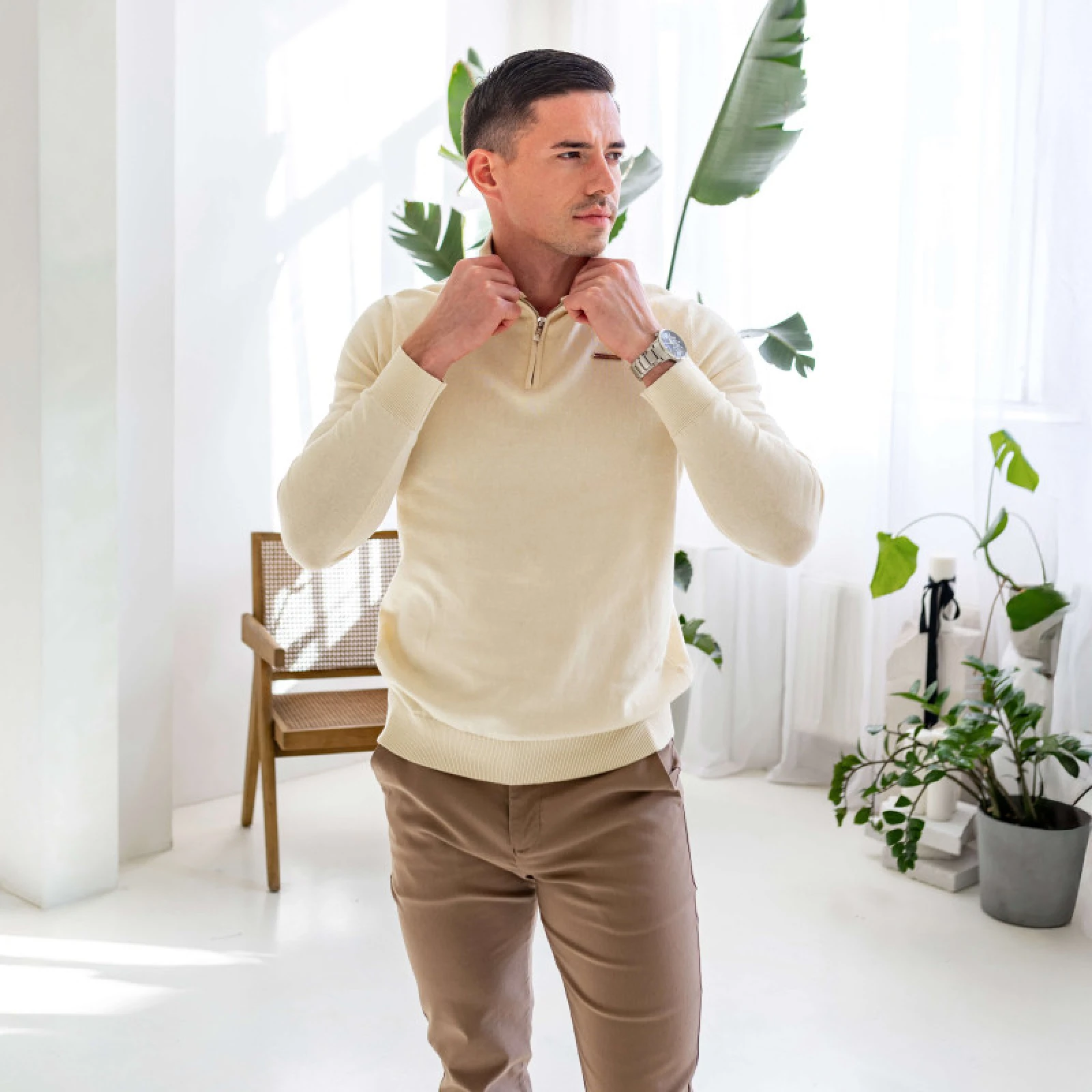 Kötött pulóver cipzárral Iron Aesthetics Tomas, bézs · záber 5