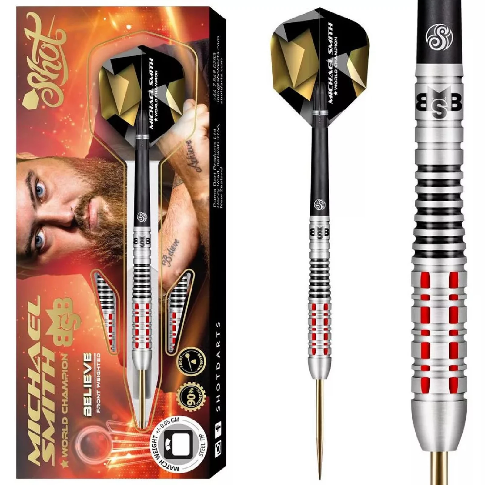 darts szett steel Shot Michael Smith Achieve 25g, 90% wolfram gravírozott · záber 1