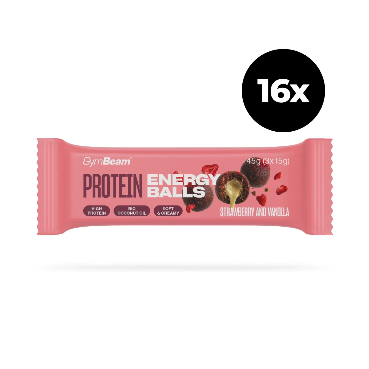 Protein energy balls - GymBeam - Smak: Truskawka wanilia | Waga: 0,72 g | Opakowanie: 16 x 45 g · záber 1