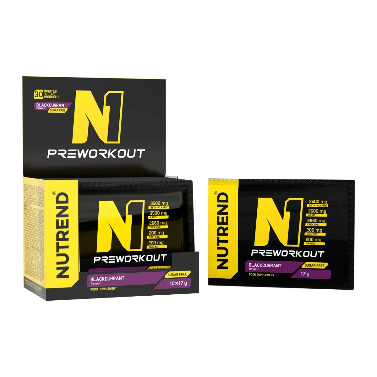 NUTREND N1 Pre-Workout - Smak: Czarna porzeczka | Vek: Dorośli | Waga: 0,17 g | Opakowanie: 10 x 17 g · záber 1