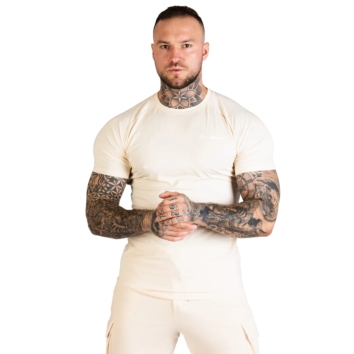GymBeam Men‘s Fitted TRN T-shirt Sand - Kolor: Béžová | Waga: 0,234 g | Opakowanie: 90 · záber 5