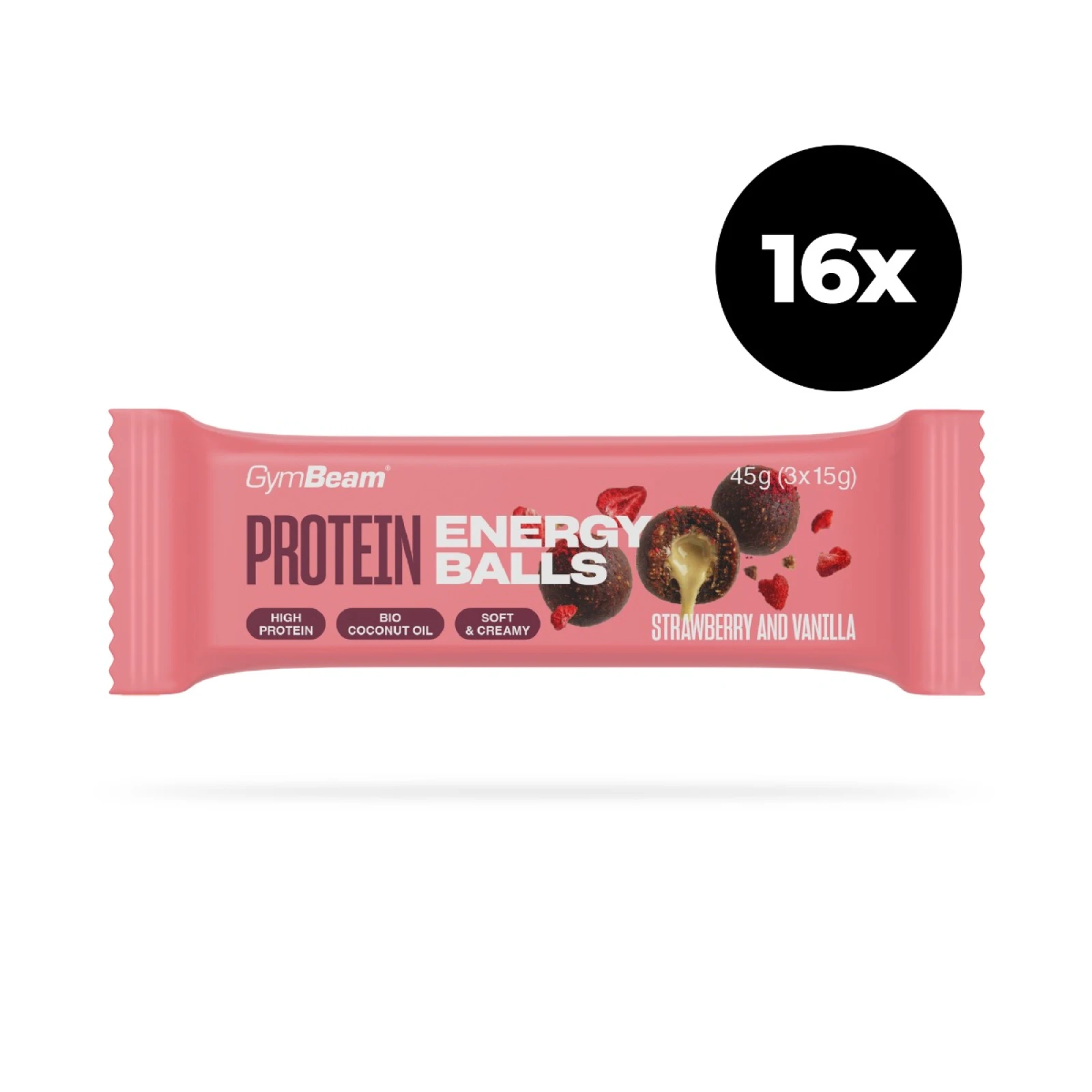 Protein energy balls - GymBeam - Smak: Truskawka wanilia | Waga: 0,72 g | Opakowanie: 16 x 45 g · záber 1