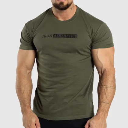 Tricou fitness bărbați Iron Aesthetics Gym, verde armată