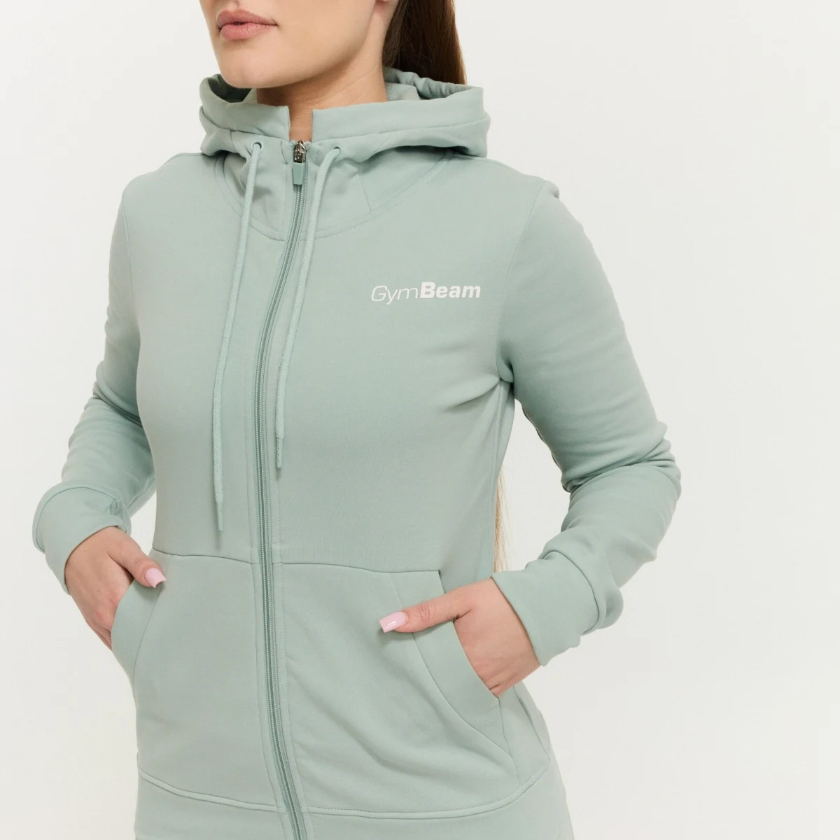 GymBeam Hanorac cu fermoar pentru femei Limitless Eucalypt · záber 2
