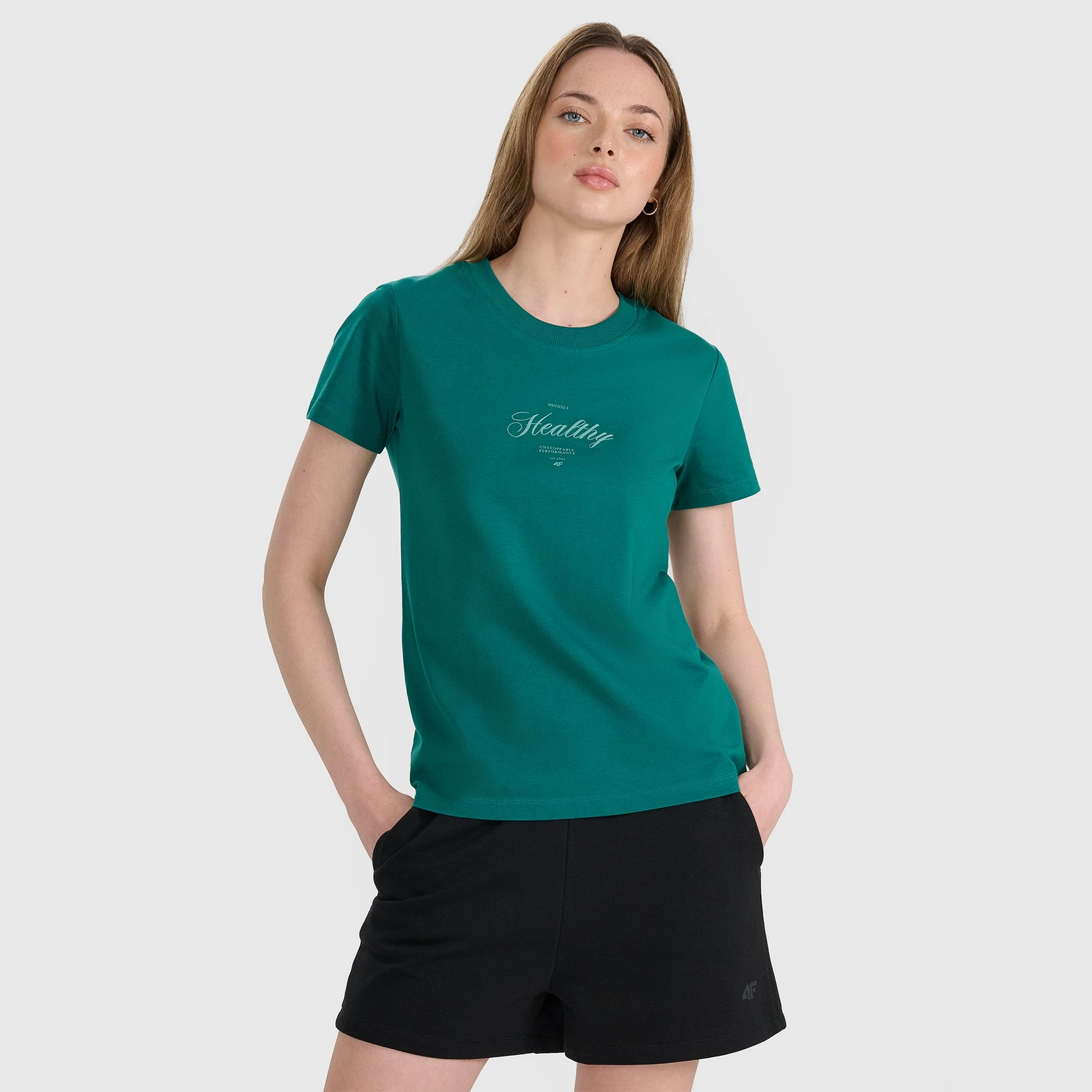 T-shirt regular s potlačou dámsky - tyrkysový · záber 1